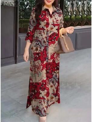 Inspired Living ZANZEA Vintage Floral Cotton Maxi Shirt Dress Oversized Autumn Lapel Sundress red l(us 08 10)