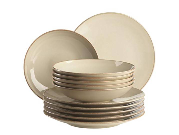 MÄSER 931734 Ossia, Teller-Set für 6 Personen im mediterranen Vintage-Look, 12-teiliges modernes Tafelservice mit Suppentellern und Speisetellern in sandigem Grau, Keramik, Sandgrau