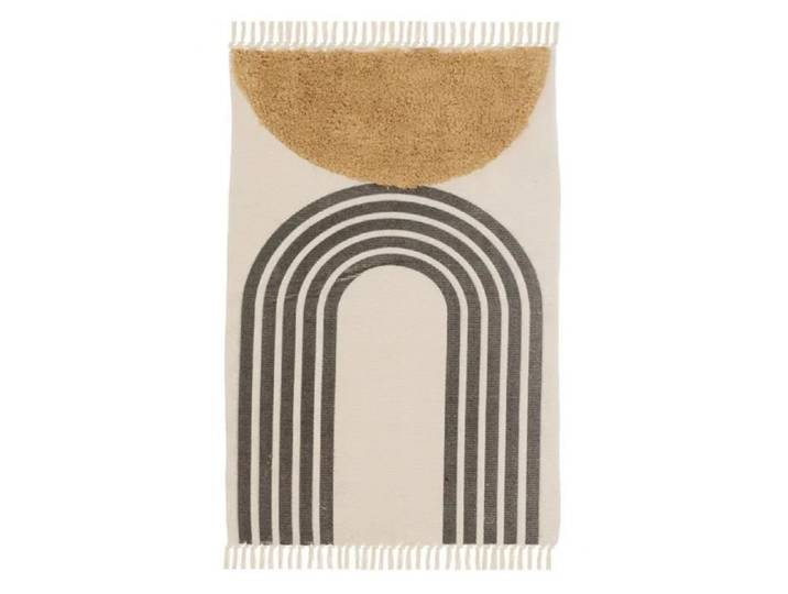 Tapis à franges avec pompons tissage plat imprimé moquette en coton coloris beige-noir-Longueur 180 x Profondeur 120 cm