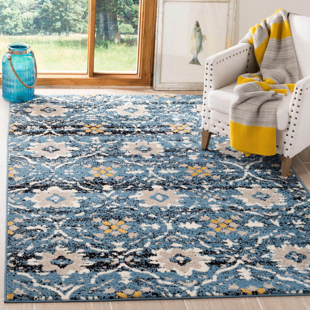 Ebern Designs Holzer Floral Hand Woven Area Rug Blue Rectangle 201 x 279 cm