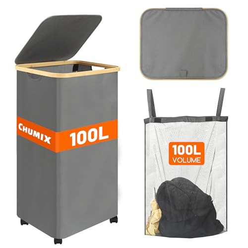 Chumix Wasmand met Deksel en Wieltjes, 100 Liter, Grijs