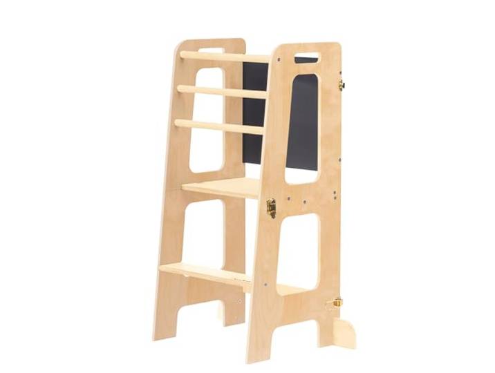 Montessori Lernturm für Kinder Klappbarer Küchenhelfer mit Rutsche & Tafel Stehturm ab 1 Jahr (Natürlich (Keine Beschichtung), Ohne Rutsche)