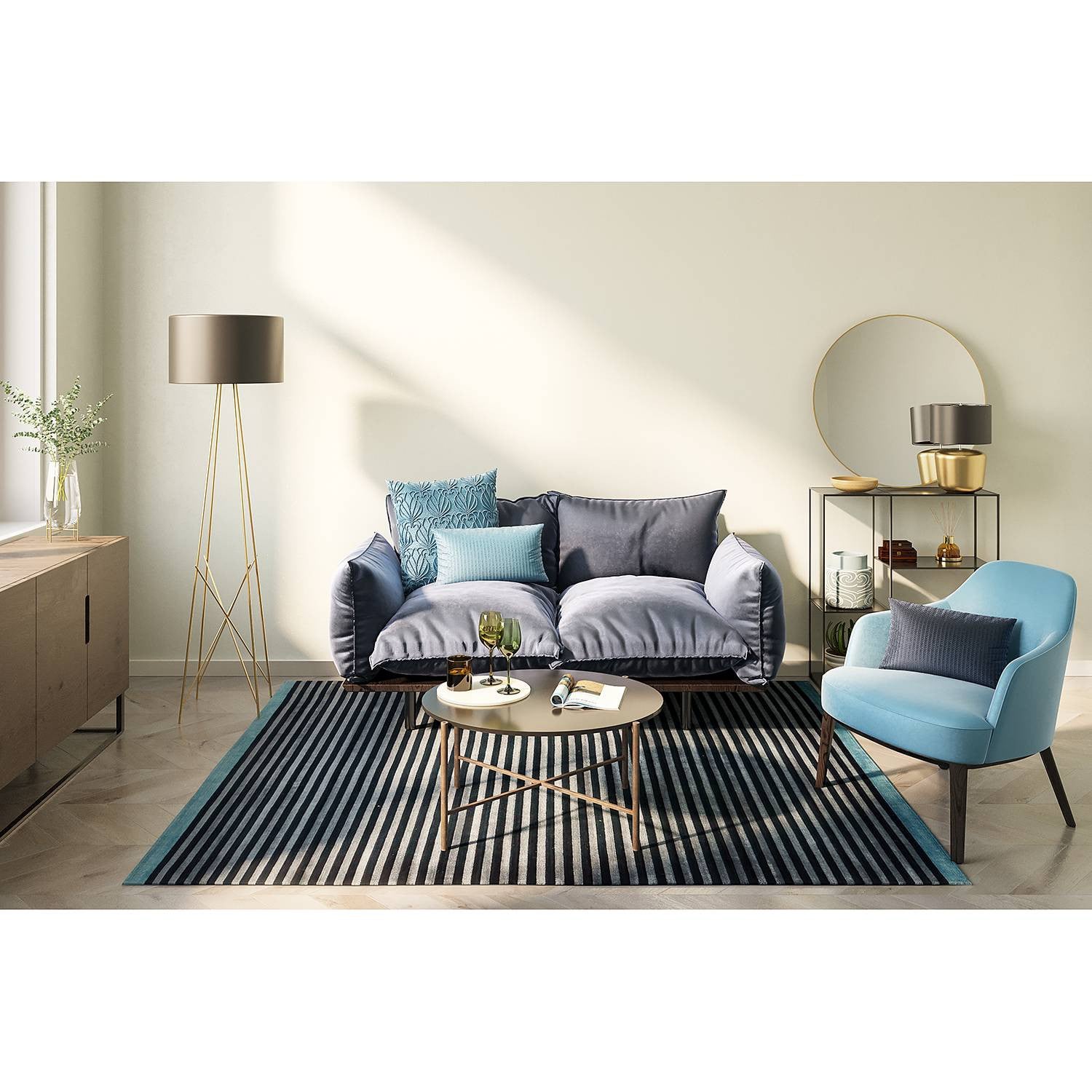home24 Wollen vloerkleed Miami blauw, 70 x 140 cm