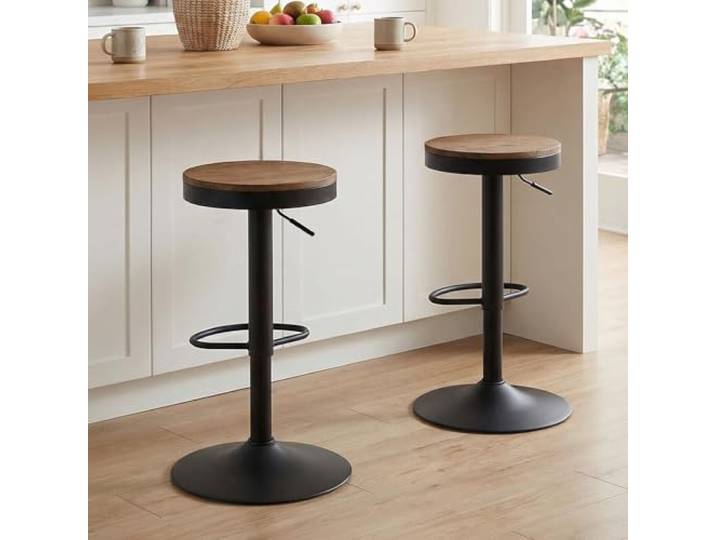 Kidol & Shellder Barhocker Esszimmerstühle 2er Set Schwarz Holzhocker Höhenverstellbar 360° Drehbar, Barhocker aus Holz und Metall, für Zuhause, Küche, Theke, Bistro