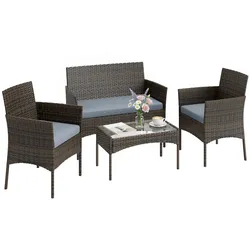 Outsunny Gartenmöbelgarnitur aus Kunstrattan mit Sofa, Sesseln, einem Tisch aus gehärtetem Glas sowie braunen und grauen Kissen