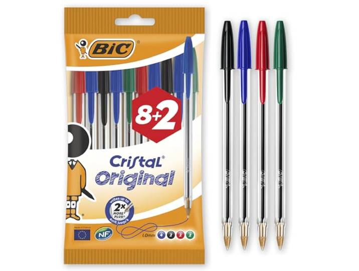 BIC Cristal Original Balpennen Medium Punt (1,0 mm) - Verschillende Kleuren, Pak van 8+2 Stuks