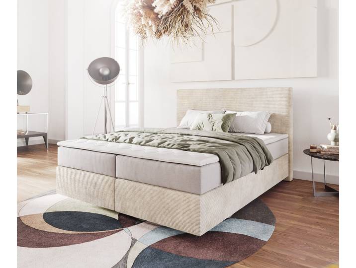 Boxspringbett Dream-Well 160x200 cm Cord Beige mit Taschenfederkernmatratze und Topper Visco, Boxspringbetten