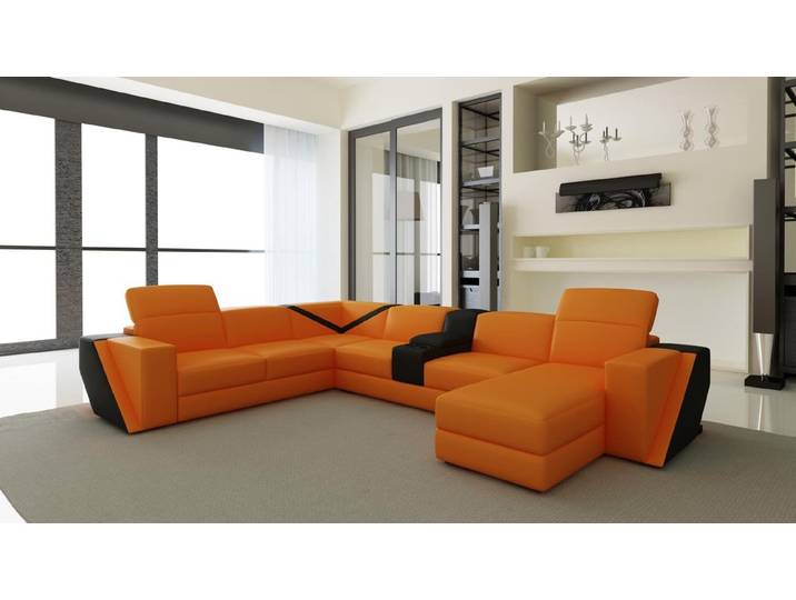 JVmoebel Wohnlandschaft U-förmige Wohnlandschaft aus orangefarbenem Leder mit Ottomane, Made in Europa