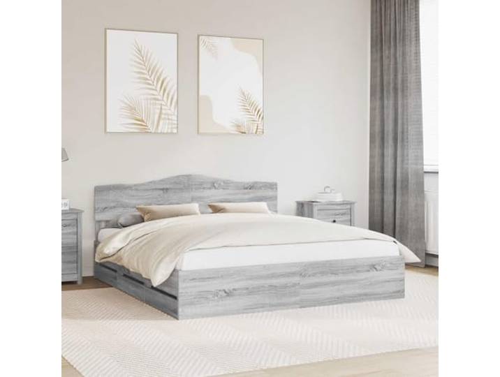 RJPLMFV Bettgestell, Grau, Sonoma, 180 x 200 cm, Holz, Technik Versteckte Schubladen, großes Kopfteil, einfache Montage, einfache Reinigung