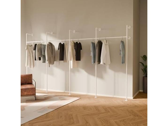 pamo Kleiderstange Wandmontage 400 kg Traglast – Offener Kleiderschrank Industrial Kleiderständer Weiß aus Metall Wasserrohren - Stabil & Robust
