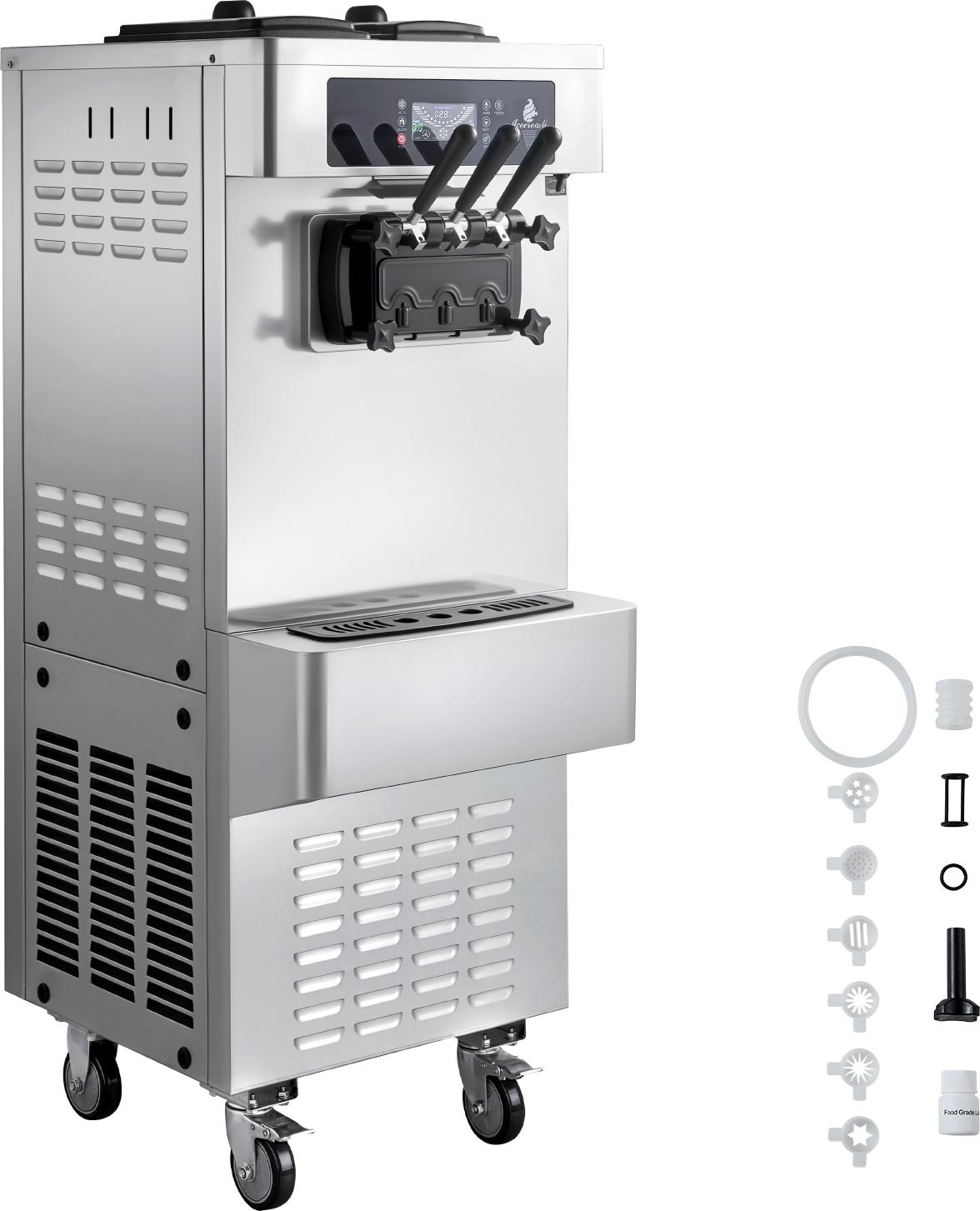 SucceBuy Freistehende Softeismaschine 20-28 L/h, Speiseeisbereiter 2200 W, Gewerbliche Eiscrememaschine mit 3 Geschmacksrichtungen, 2 x 6-Liter-Behältern, Vorkühlfunktion und Warnsystem bei niedrigem Mischstand