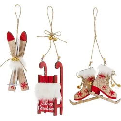 Holz-Hänger "Ski, Schlitten, Schlittschuh", rot, 8–14 cm, 3 Stück