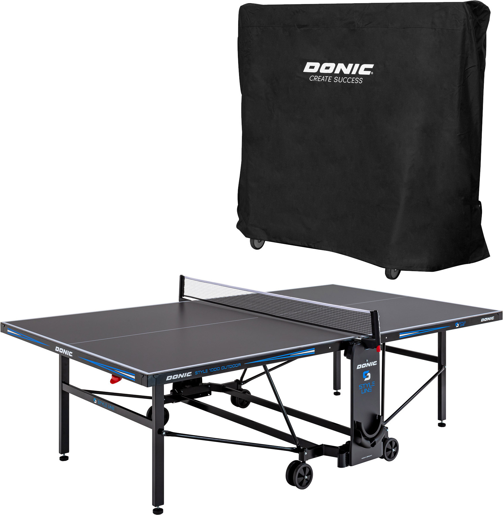 DONIC Outdoor + Indoor Tischtennisplatte Style 1000, inklusive Abdeckhülle, inkl. Tischtennisnetz, Ball- und Schlägerhalterung, klappbar, wetterfest,