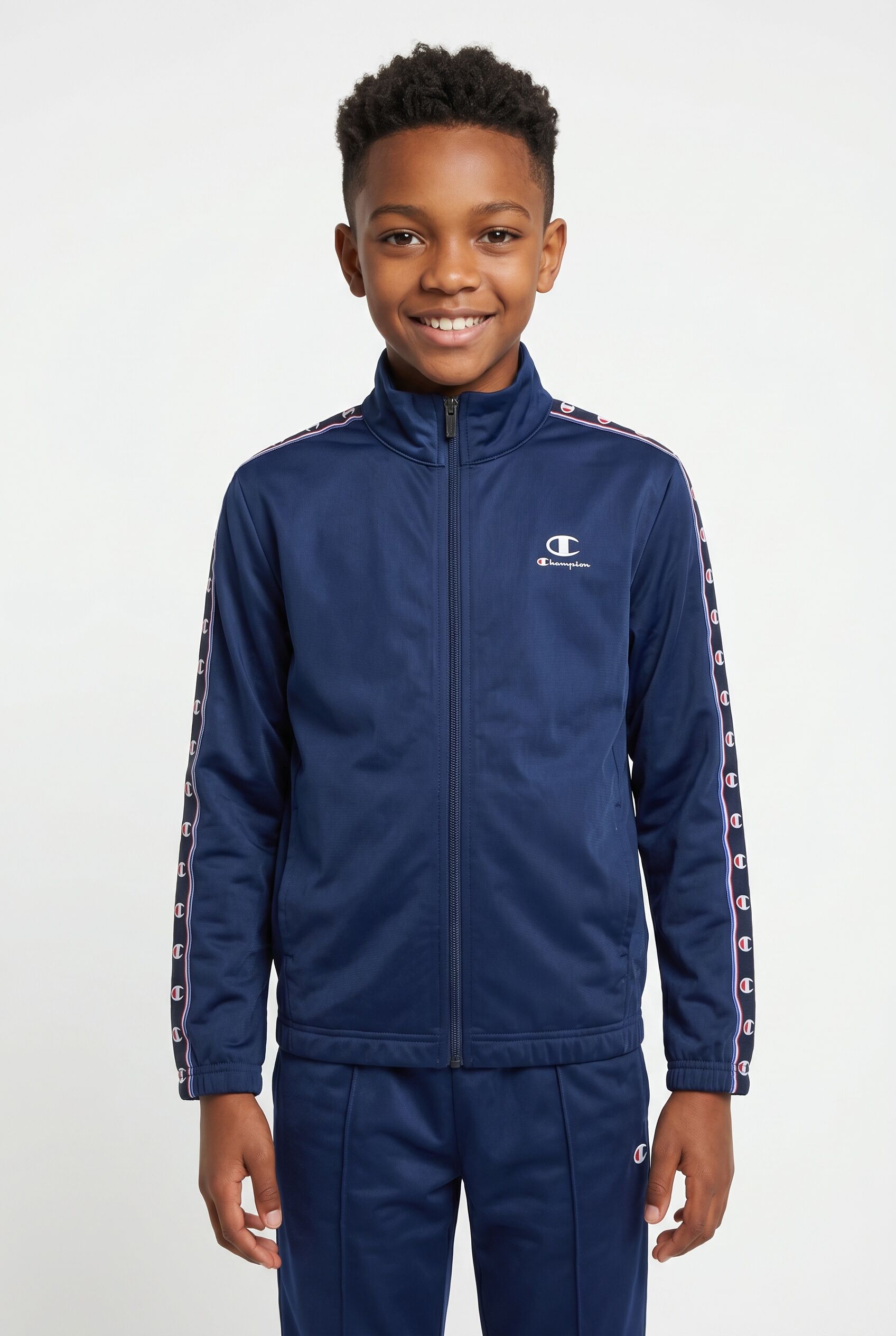 Trainingsanzug CHAMPION "SPORT INSPIRED tracksuit with tape", Jungen, Gr. XXL (176), blau (nava, nava), Obermaterial: 100% Polyester, Sportanzüge Trainingsanzug, zweiteiliges Set, mit komfortabler Passform, aus Polyester nava, nava XXL (176)