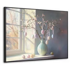 LEINWAND Bilder mit Rahmen - Stillleben - Vase - Osterzweig - 80x60