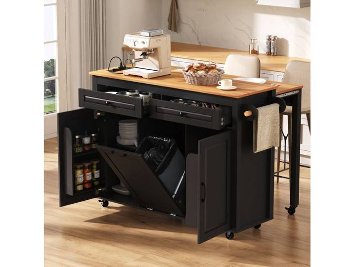 VUENOR îlot central mobile 120x40x92 cm noir en MDF – plan de travail extensible