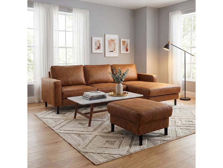 Polsterhocker 70 x 48 x 60cm Braun Lederfaserstoff Dalia: Hellbraun