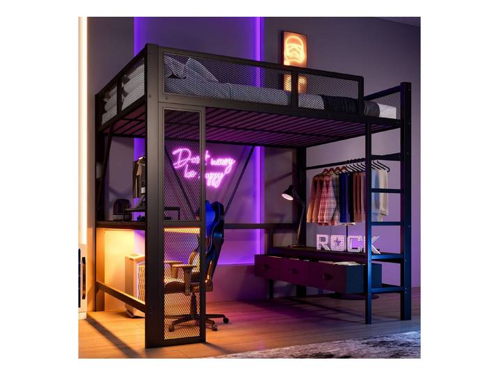 OKWISH Hochbett Metall-Spielhochbett (für Kinder & Jugendliche mit LED, USB & integriertem Schreibtisch + Schubladen, 1-St., 140x200cm)