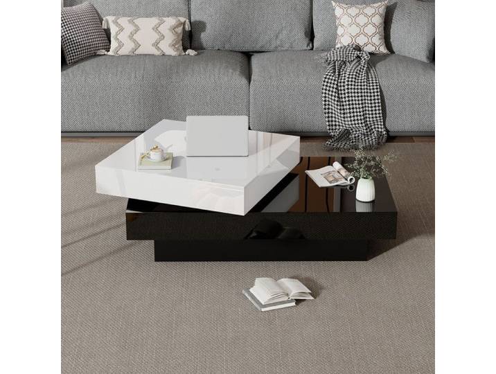 Table Basse Rotative avec Couture Noire et Blanche Table Basse Moderne avec Surface Brillante Adaptée au Salon d'un Appartement