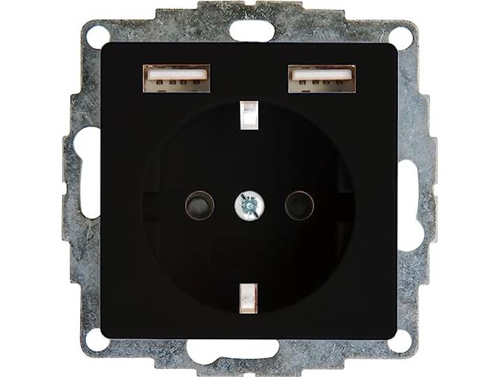 Kopp HK07 – inbouw-geaard stopcontact met 2 USB-laadaansluitingen, kleur: mat zwart, (1 stuk)