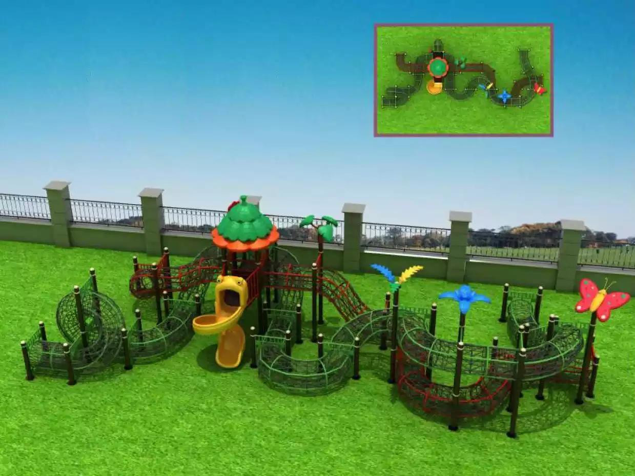 Buitenspeelplaats voor kinderen met klimtuin en sportcomplex voor publieke recreatie