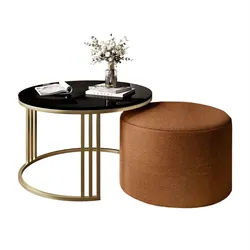 COUCHTISCH mit Hocker LORI Hochglanz gebürstetes Gold/glänzender Kaschmir/Perfect Harmony 52