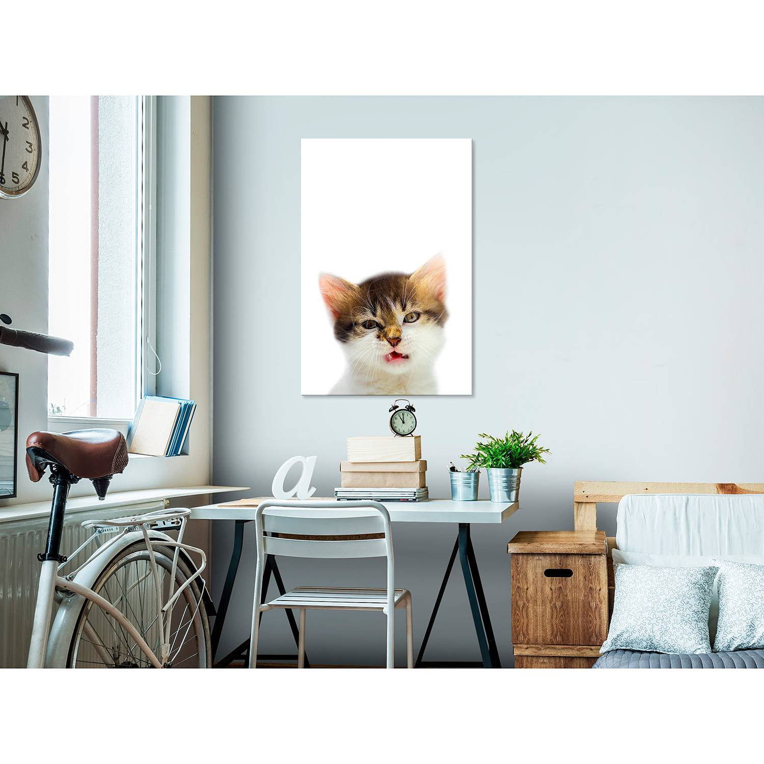 home24 Vexed Cat wanddecoratie, wit linnen, 40 x 60 cm