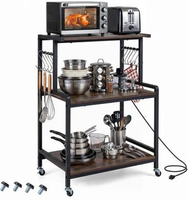 Costway 3-Tier Rolling Microwave Cart with Power Outlet and Lockable Wheels and 10 Hooks-Rustic Brown