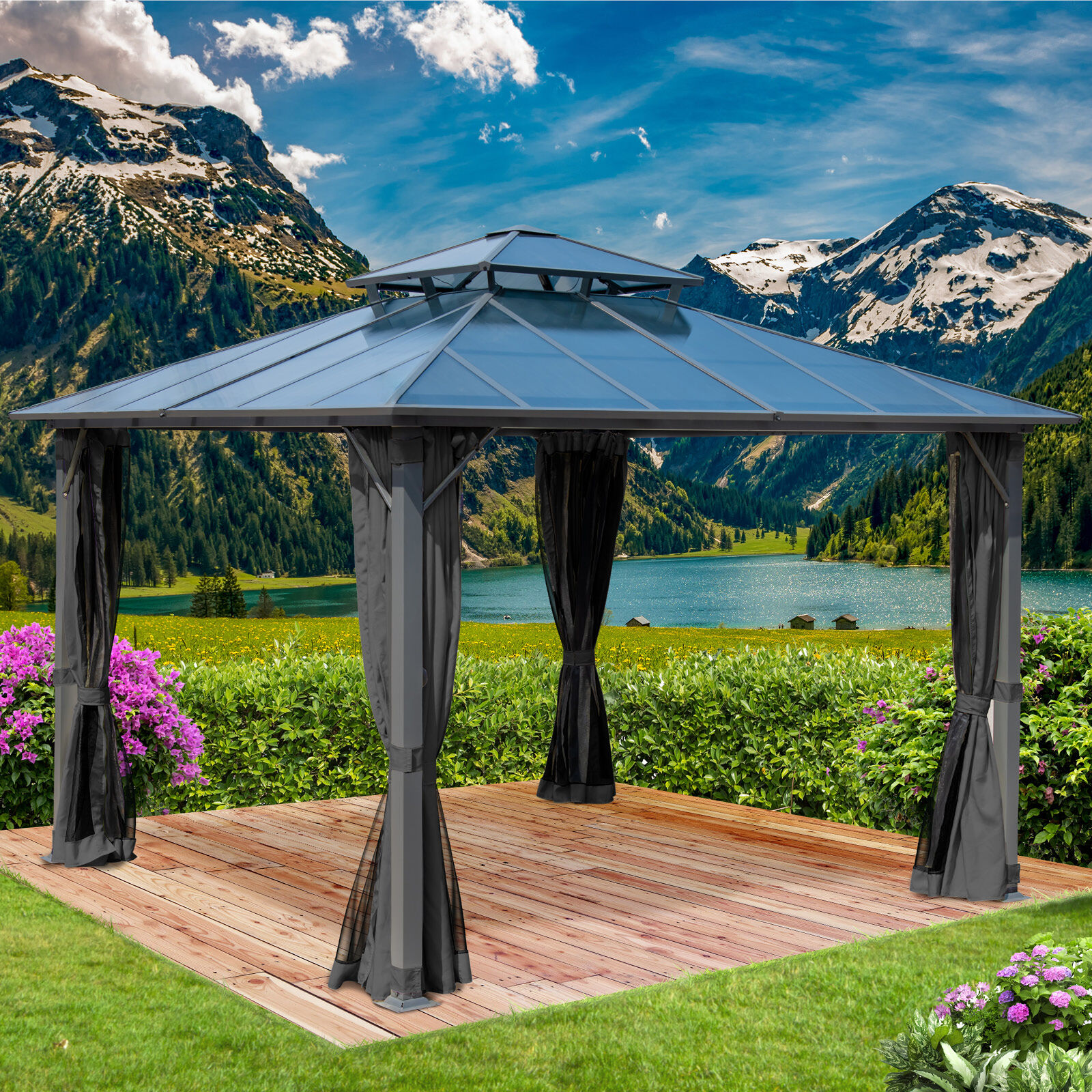 Brast Alu Pavillon PAGODE 3,5x3,5m dunkelgrau mit Moskitonetz
