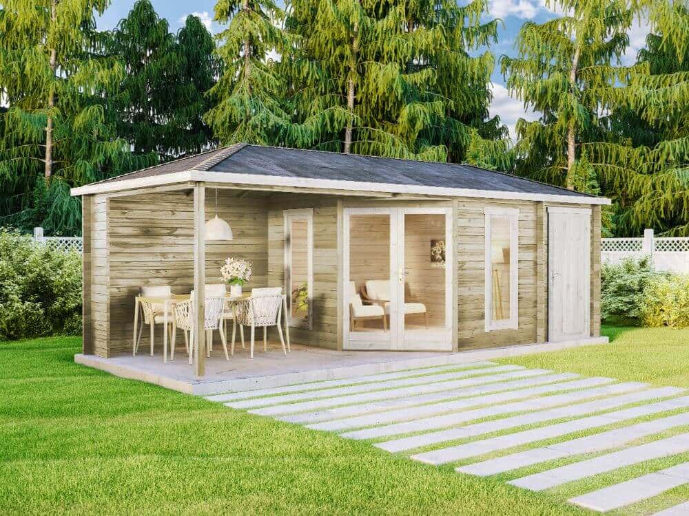 Alpholz 5-Eck Gartenhaus Liwa mit Anbau 728x317cm Natur 28mm Wandstärke