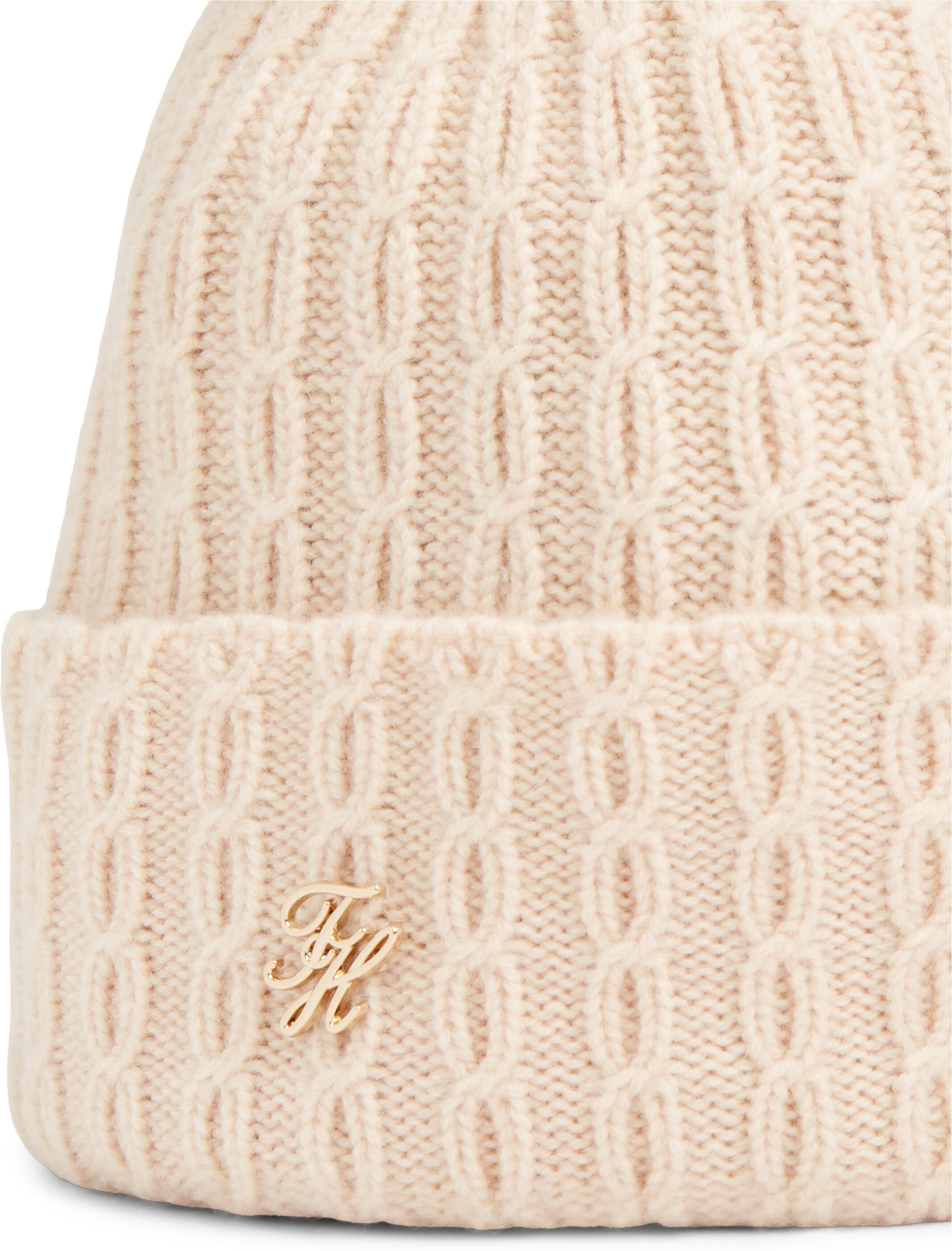 Beanie TOMMY HILFIGER "TH SCRIPT CABLE POM", Damen, beige (misty blush), Strick, Wollmischung, Mützen Beanie, mit Kaschmiranteil misty blush Einheitsgröße