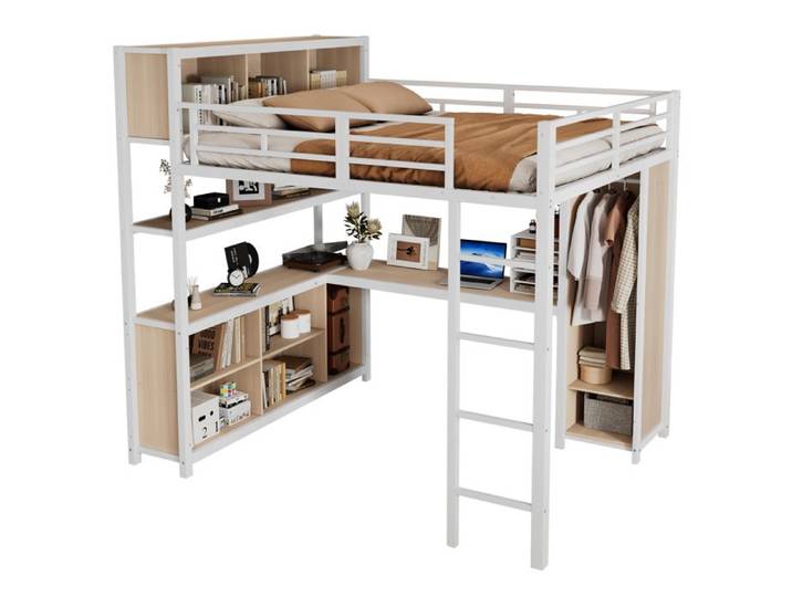 Lit mezzanine - 140x200 cm - Bureau double niveau - Placard intégré - Échelle 4 marches