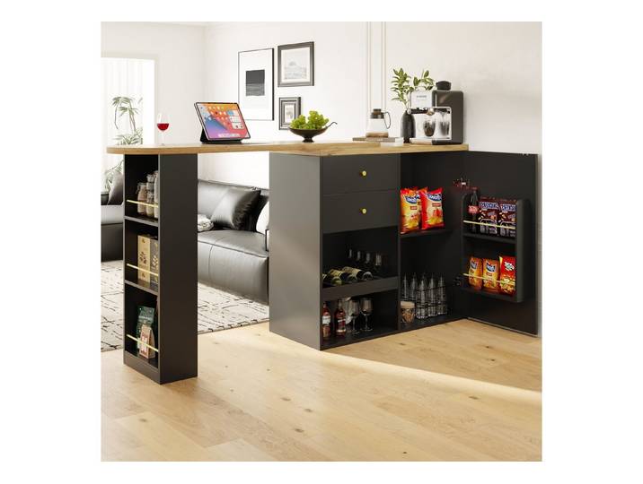 HAUSS SPOLE Bartisch 360° drehbare Essbar mit 2 Schubladen, Schrank, offener Stauraum (drehbar Sideboard, Esstisch, 2 Schubladen, 1 Tür und offene Fächer), 360° drehbare Essbar mit Schubladen und offener Stauraum
