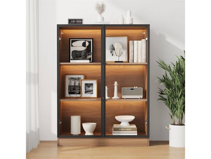 Vitrine de salon avec Éclairage LED - Meuble Vitrine 3 Niveaux - Portes en Verre à Cadre Aluminium - Bois Naturel