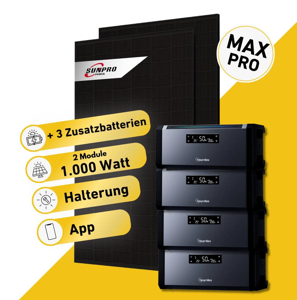 Balkonstrom Balkonkraftwerk 1000W Solaranlage mit Speicher | 3xZusatzspeicher | Blechdachhalterung | 2xSolarmodul | Hoymiles AC1920