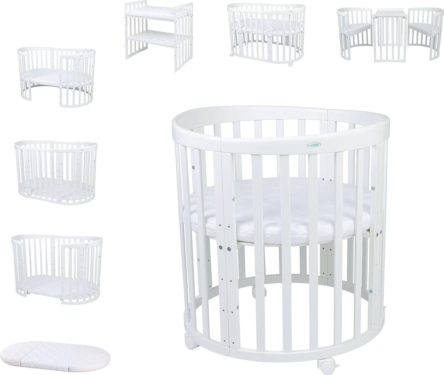 Waldin Babybett Oval 7in1 mitwachsend, Beistellbett, Matratze, Rollen, Buche, Weiß