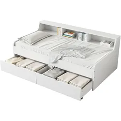 MODFU Tagesbett 90x200 cm mit 2 Schubladen Ablagefächer Einzelbett Modernes Bett Kiefernholz MDF Platzsparend Praktisch Weiß
