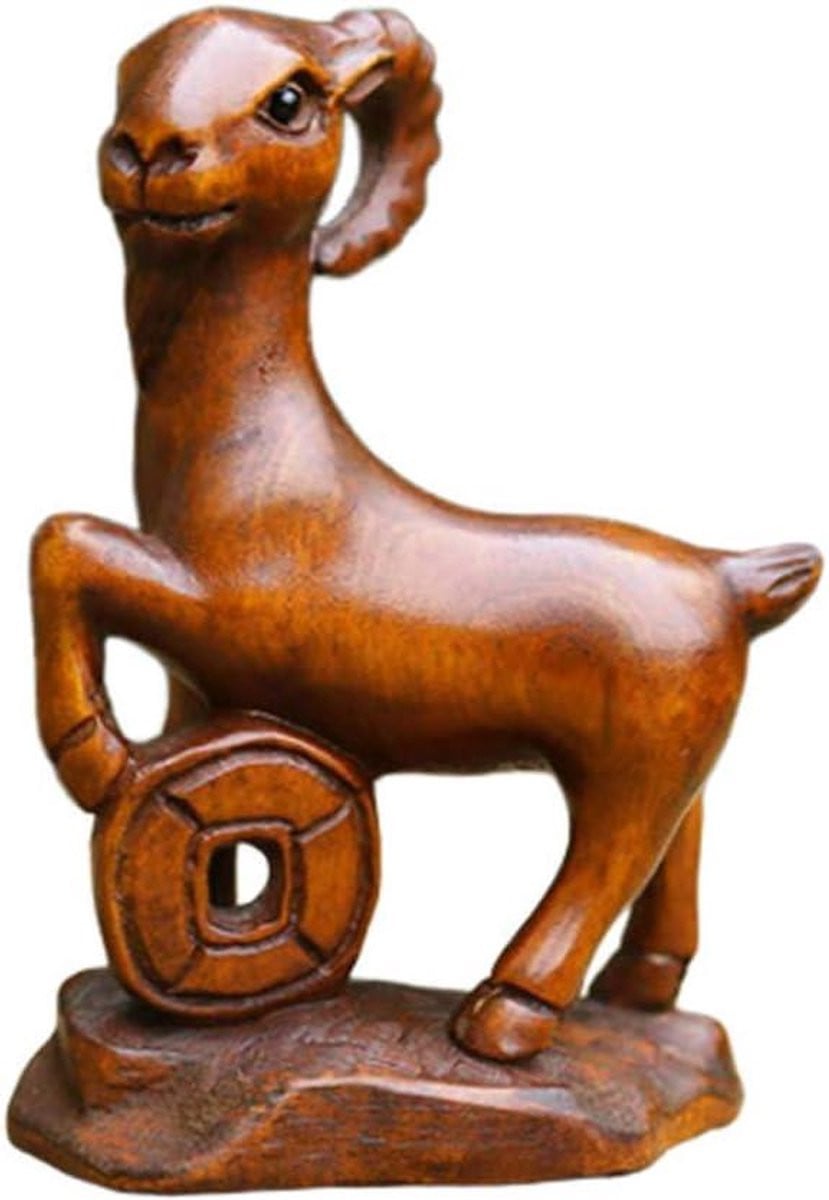 Handgesneden Buxus Houten Dierenriem Beeldje Schaap - Feng Shui Decoratie voor op Tafel