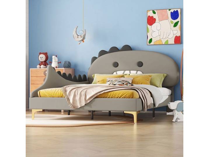 Lit jeune 140x200 cm Lit d'enfant Cartoon Dinosaur Form Lit plat PU Material Gris