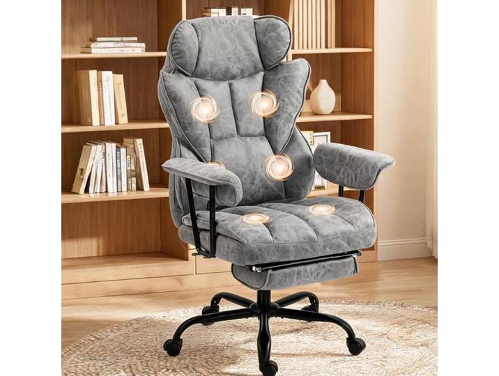 Fauteuil de bureau massant en simili-cuir technique gris clair 6 points de vibration repose-pieds usage professionnel