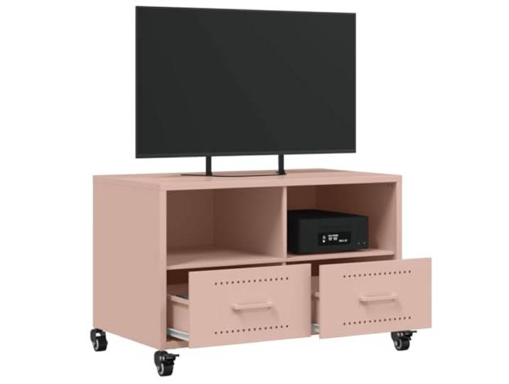 TV Schrank Rosa 68x39x43,5 cm mit Schubladen und Ablagen, Stahl TV Board mit 4 Rollen, leicht zu reinigen