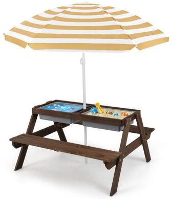 Costway 3-in-1 Kids Outdoor Picnic Water Sand Table with Removable Umbrella and Boxes-Coffee