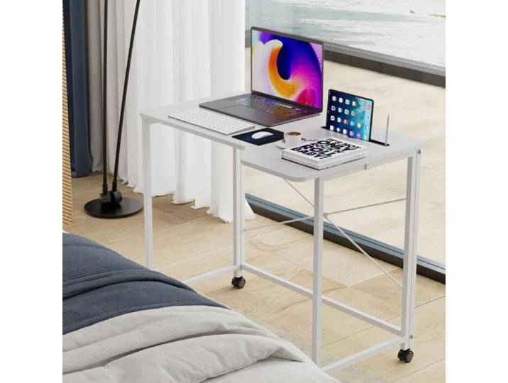 Table de Pliable Bureau PIPIPOXER Table Pliable Avec emplacement pour carte et roulettes 90x56x75 cm Blanc