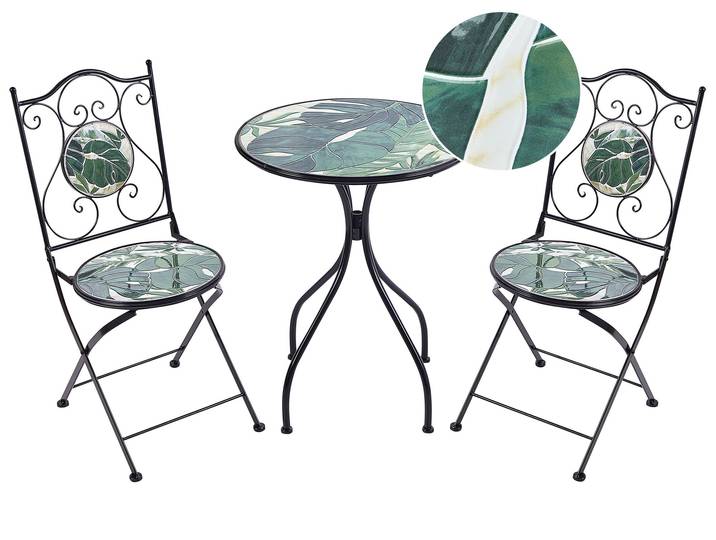 BELIANI Balkon Set Grün Metall Mosaik Muster mit 2 Stühlen 1 Tisch Outdoor Terrassenmöbel Gartenmöbel Balkonmöbel