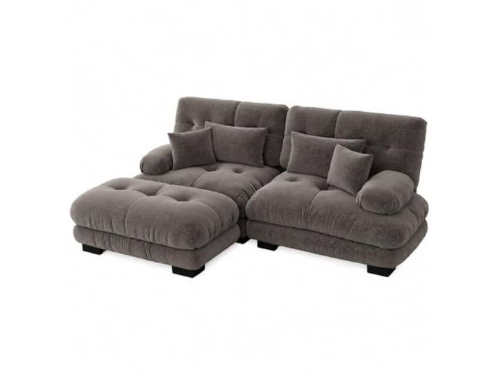 Jastoery Cloud Ecksofa Chenille, L-Form mit Ottoman, 2 Lendenkissen,Braun Chenille-Stoff, L-Form, modulare Ottomane, 4 Kissen inklusive, Vintage-Design, Polsterarmlehnen