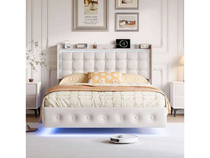 Lit Rembourré 160x200 cm avec USB LED Pied Invisible Design Flottant Tissu Velour Blanc Sommier à Lattes Inclus sans matelas