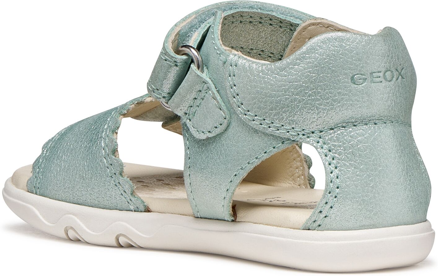 Lauflernschuh GEOX "B SANDAL STEPPIEUP G", Mädchen, Gr. 22, Leder, grün (hellblau), Glitzer, Schuhe Lauflernschuh, Babyschuh mit Klettverschluss, Grössenschablone zum Download hellblau 22, Leder