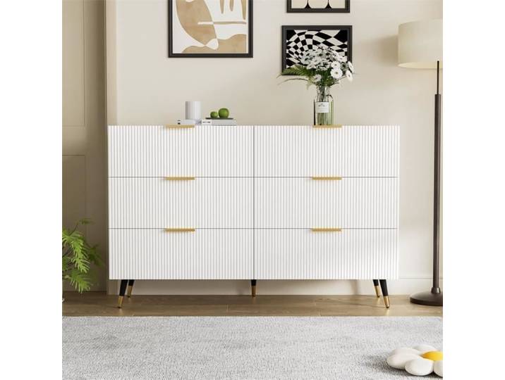 Commode - DREAMMESPACE - 120x77x40cm - 6 tiroirs - Blanc et doré - Design moderne