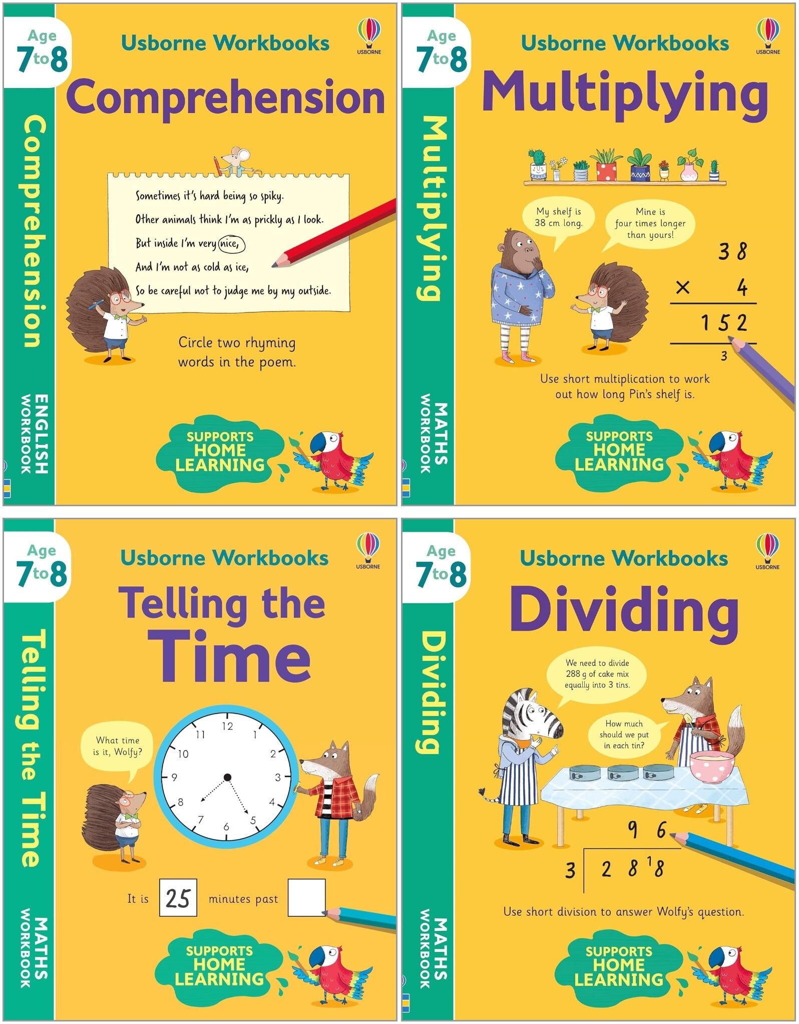 Usborne Publshing Usborne Workbooks 4 Books Collection Set Ages 7-8 (Multiplying, Dividing, Telling the Time, Comprehension)