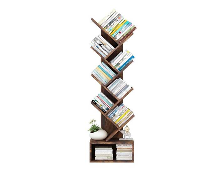 Bibliothèque en forme d'arbre à 8 étagères-Étagère à livres forme arbre bois-meuble de rangement pour bureau-bois tigré rustique